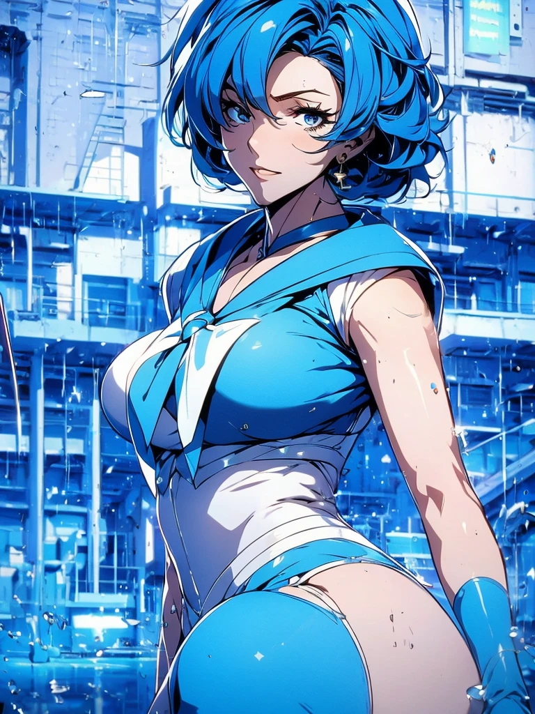 Sailor mercury in full police suit,long blue hair,Blue Power Ranger, hurricane ,Sexy goth woman big breast, character sheet,inside a pool,High Resolution, Large breasts, cyber samurai sailor suit
,ice swords
,blue lips