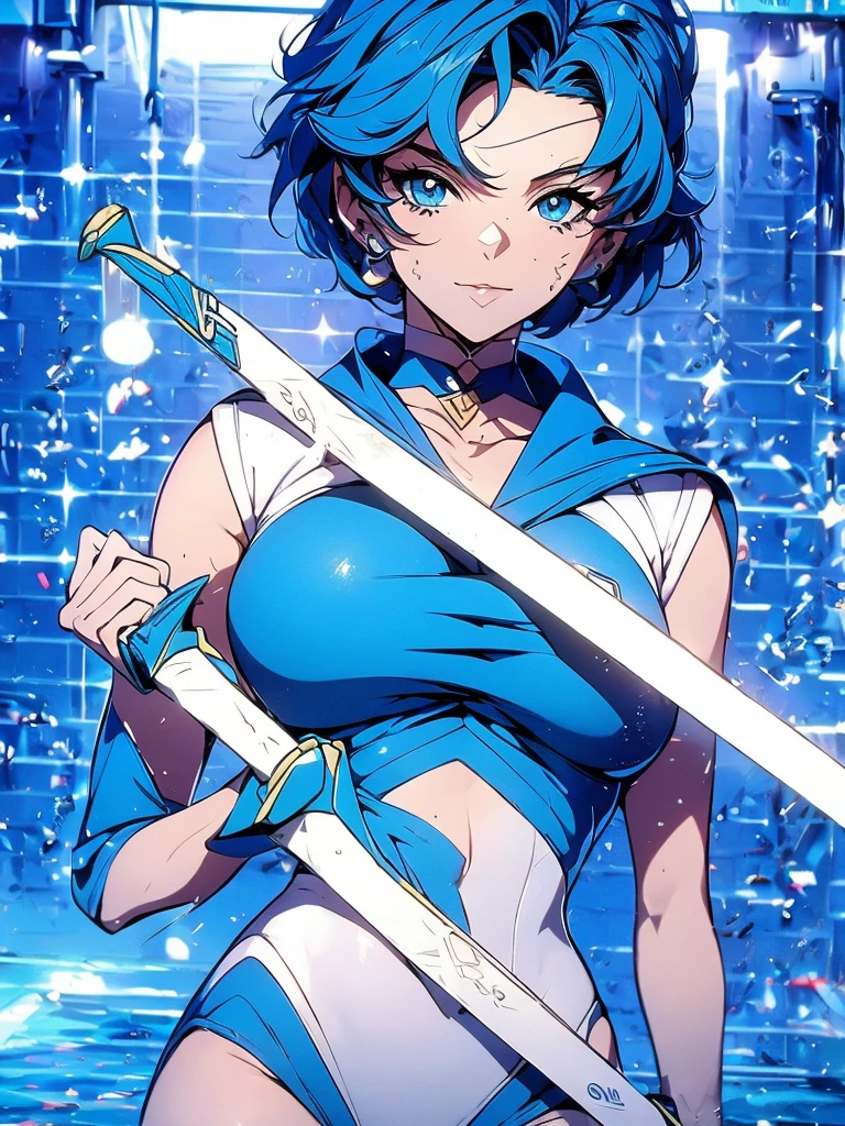 Sailor mercury in full police suit,long blue hair,Blue Power Ranger, hurricane ,Sexy goth woman big breast, character sheet,inside a pool,High Resolution, Large breasts, cyber samurai sailor suit
,ice swords
,blue lips