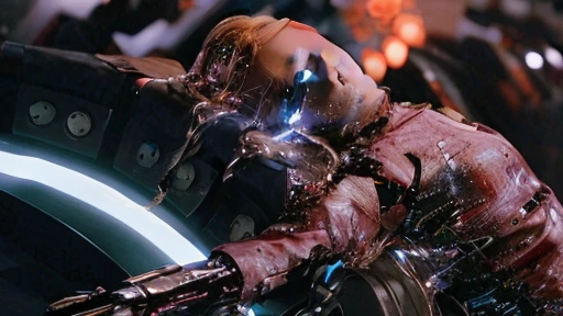 Blonde woman in leather jacket lying on a table with a glass of wine, Kristanna Loken, Natalie Portman and Star Trek, Movie still of a cyborg., Movie still of a cyborg alienígena., Movie still of a cyborg genial., iconic shot, science fiction movie frame, in a science fiction movie, MATRIX PHOTOGRAPHY (1999), shot in the face