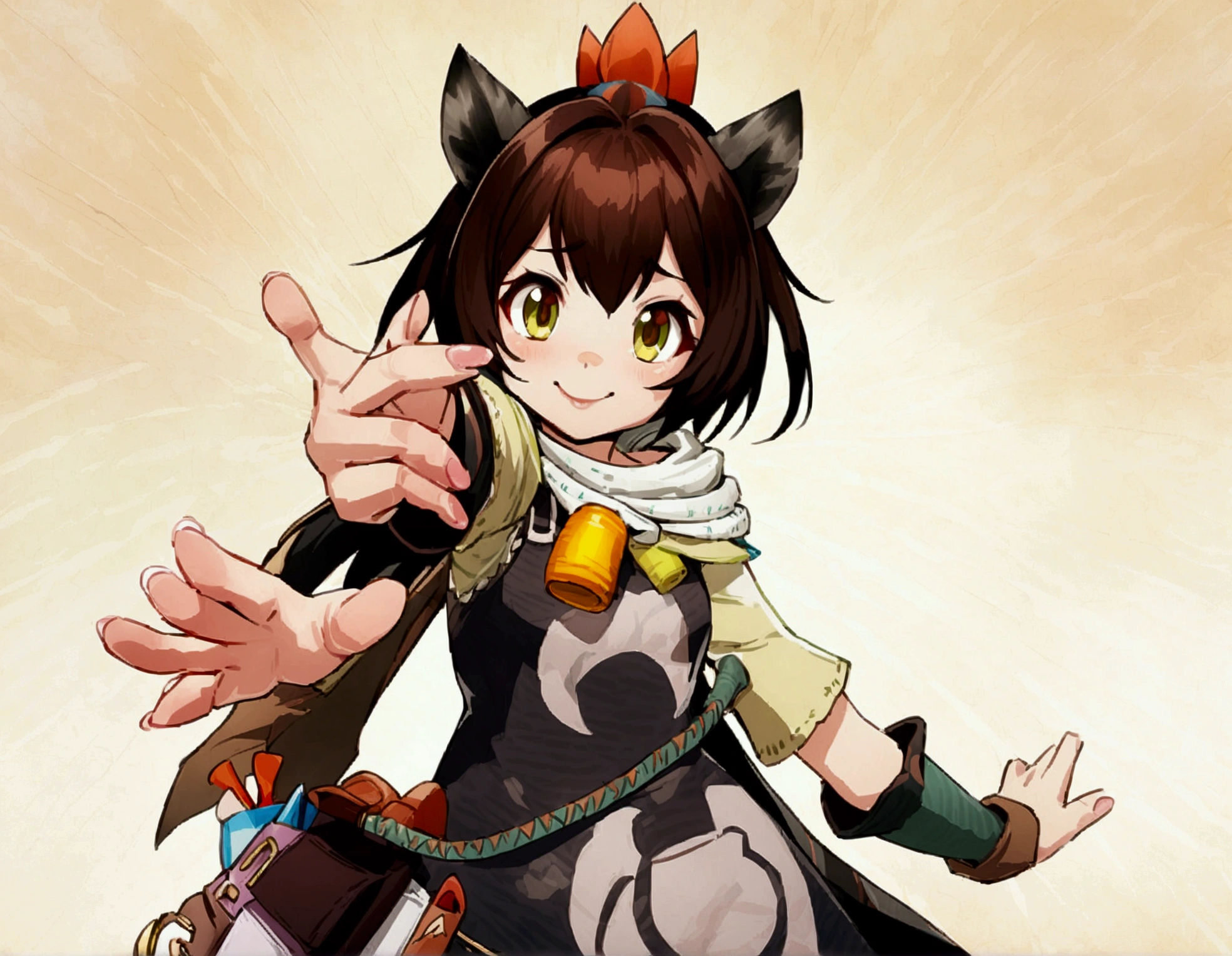 ((monsterhunter)), looking the viewer, solo, girl, shy, red cheek, bashful, embarrassed, smiling, perfect face, beautiful eye, 
