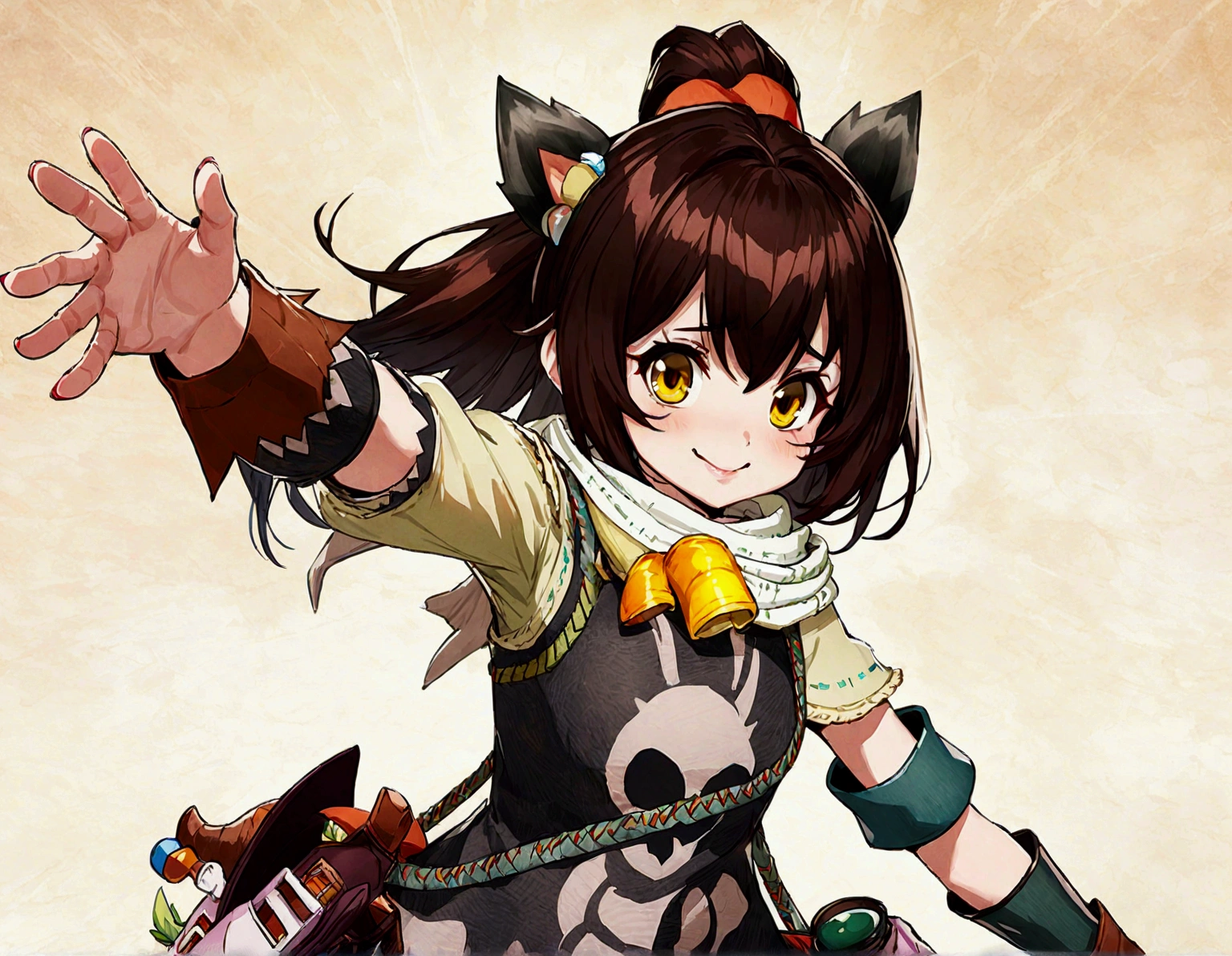 ((monsterhunter)), looking the viewer, solo, girl, shy, red cheek, bashful, embarrassed, smiling, perfect face, beautiful eye, 
