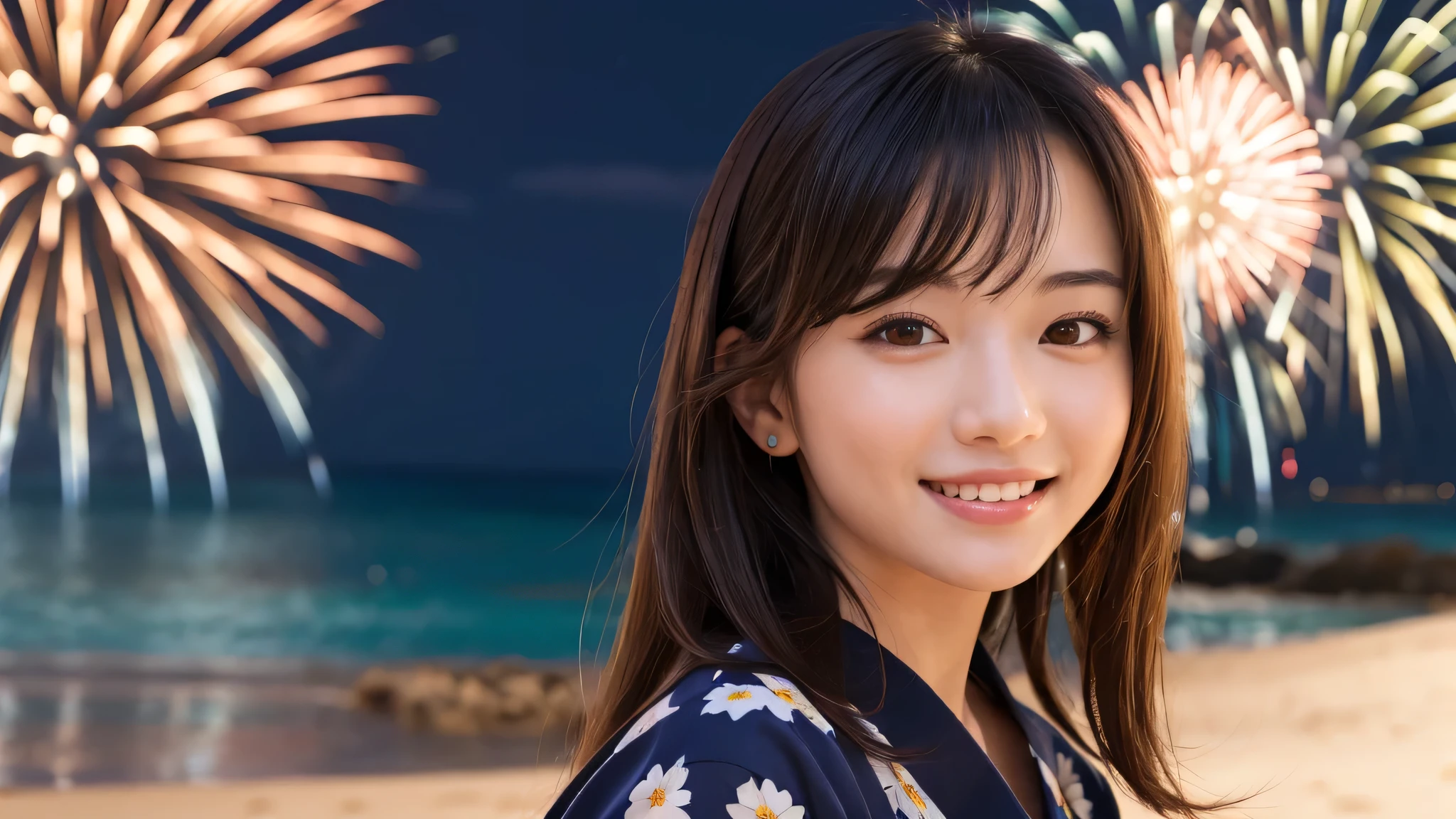 kawaii face, (1girl), (happy smile:1.2), (yukata), (Best Quality:1.4), Realistic, extremely detailed CG unified 8k wallpaper, highly detailed, High-definition raw color photos, professional photography, Realistic portrait, Beautiful detailed, Close up portrait of girl, Outdoors, Beautiful scenery, beach, (The night sky, fireworks, beautiful fireworks spreading across the sky:1.4), so beautiful, upper body photos, amazingly beautiful sight, A wonderful, (Fine face:1.2),
