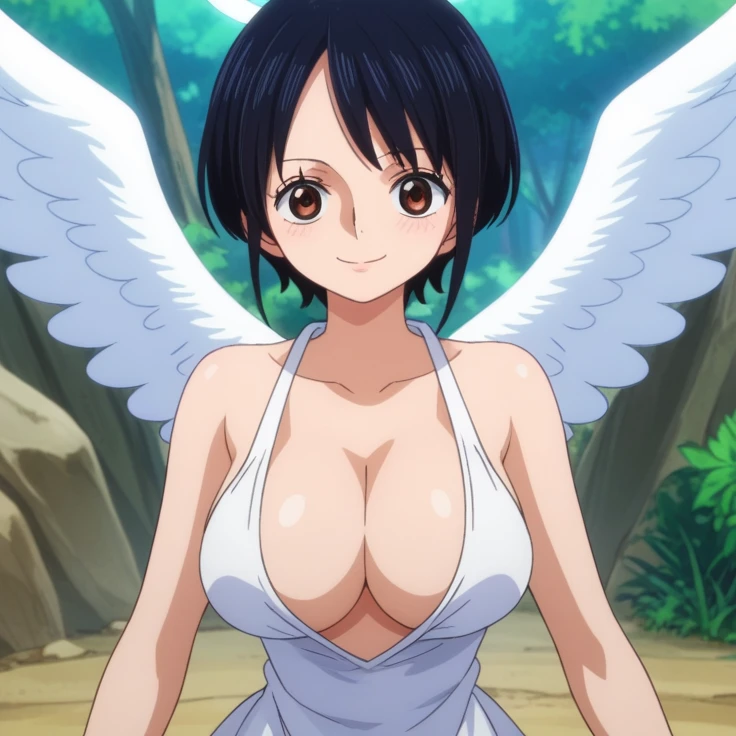 score_9, score_8_up, score_7_up, best quality, masterpiece, source_anime, anime screencap, one_piece_wano_style, clear face, 1girl, solo, black hair, short hair, brown eyes, large breasts,bare shoulders, belt, cleavage, hair bobbles,red tube top, one-piece dress, angel wings, brown mini skirt, clevage, outdoor, smile, looking at viewer, upper body, icon,