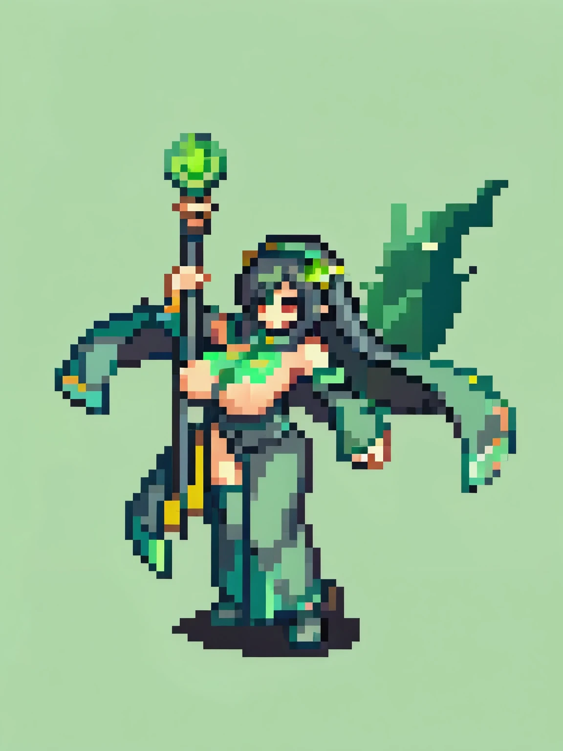 (girl), (solo), black hair, (huge tits:1.0), (green cleric staff), (topless nipples:1.1)