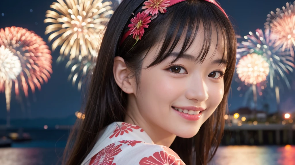 kawaii face, (1girl), (happy smile:1.2), (yukata), (Best Quality:1.4), Realistic, extremely detailed CG unified 8k wallpaper, highly detailed, High-definition raw color photos, professional photography, Realistic portrait, Beautiful detailed, Close up portrait of girl, Outdoors, Beautiful scenery, beach, (The night sky, fireworks, beautiful fireworks spreading across the sky:1.4), so beautiful, upper body photos, amazingly beautiful sight, A wonderful, (Fine face:1.2),