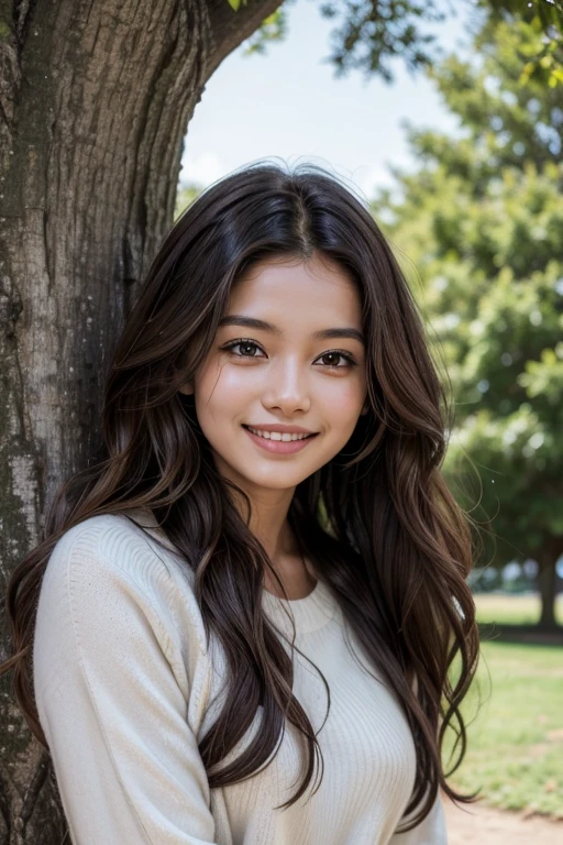 Brown woman with long wavy hair, smiling next to a tree