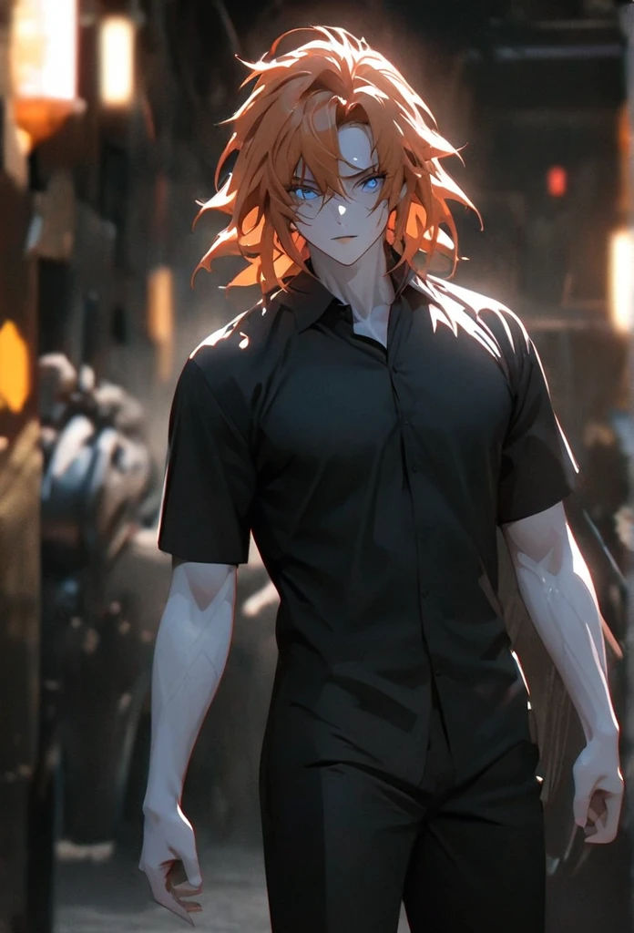 (solo), orange hair, messy hair, mane hair, short hair, dense hair, wild hair, expressive hair, mature,(25 year old), pale skin, blue eyes, ((male)), muscular body, wearing a black dress shirt,, handsome, attractive, eye reflection, depth of field, thunder aura,cinematic lighting, ray tracing, depth of field, cinematic lighting, ray tracing, UHD, high details, best quality, highres, high quality, award winning, super detail, masterpiece, 8k, UHD, high details, best quality, highres, high quality, award winning, super detail, masterpiece, 8k, digital art, anime coloring, full body shot, body shot, good face, perfect face, detailed face, good eyes