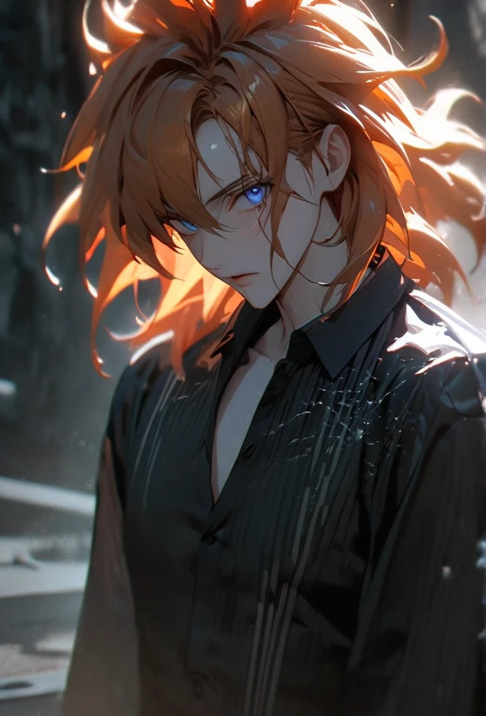 (solo), orange hair, messy hair, mane hair, short hair, dense hair, wild hair, expressive hair, mature,(25 year old), pale skin, blue eyes, ((male)), muscular body, wearing a black dress shirt,, handsome, attractive, eye reflection, depth of field, thunder aura,cinematic lighting, ray tracing, depth of field, cinematic lighting, ray tracing, UHD, high details, best quality, highres, high quality, award winning, super detail, masterpiece, 8k, UHD, high details, best quality, highres, high quality, award winning, super detail, masterpiece, 8k, digital art, anime coloring, full body shot, body shot, good face, perfect face, detailed face, good eyes