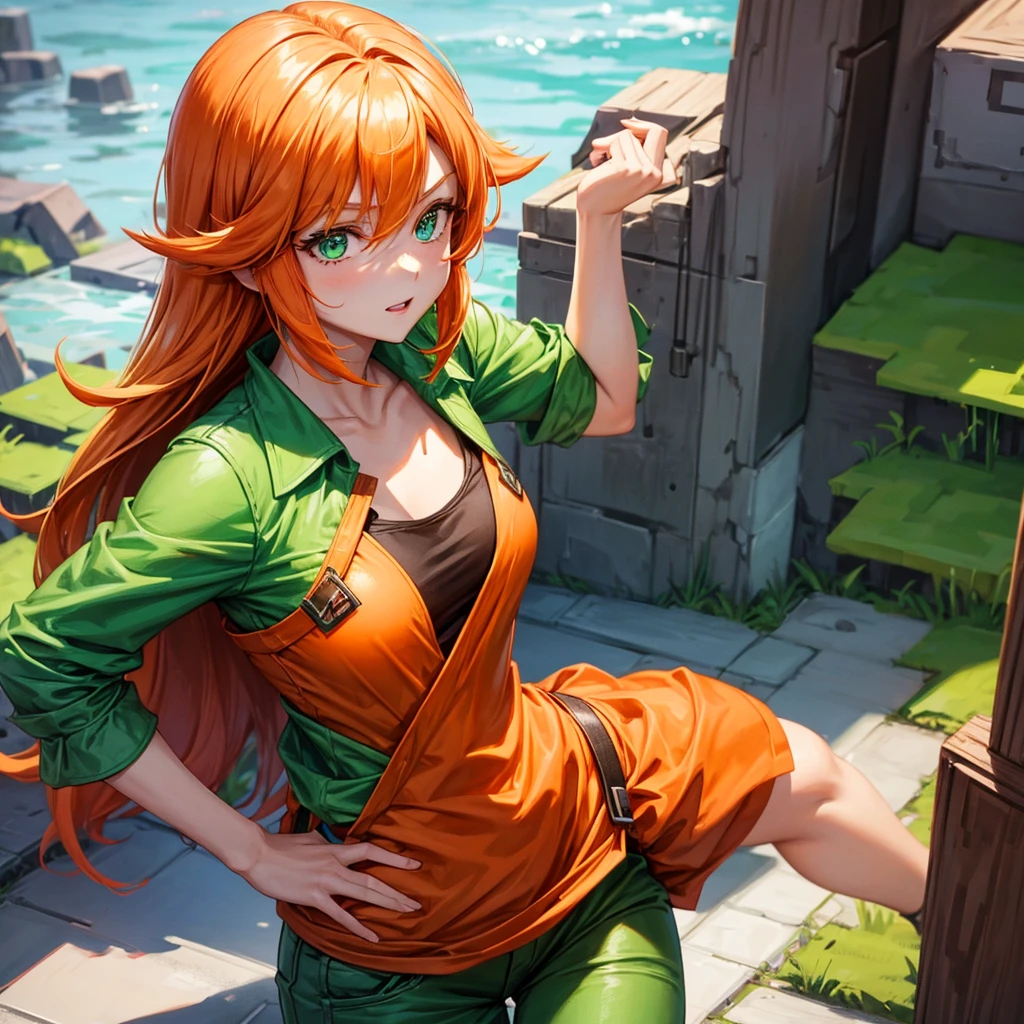 She's a girl from Minecraft. She has orange hair and wears a green outfit. Her pants are brown. Make her look sexy. Draw her having sex 