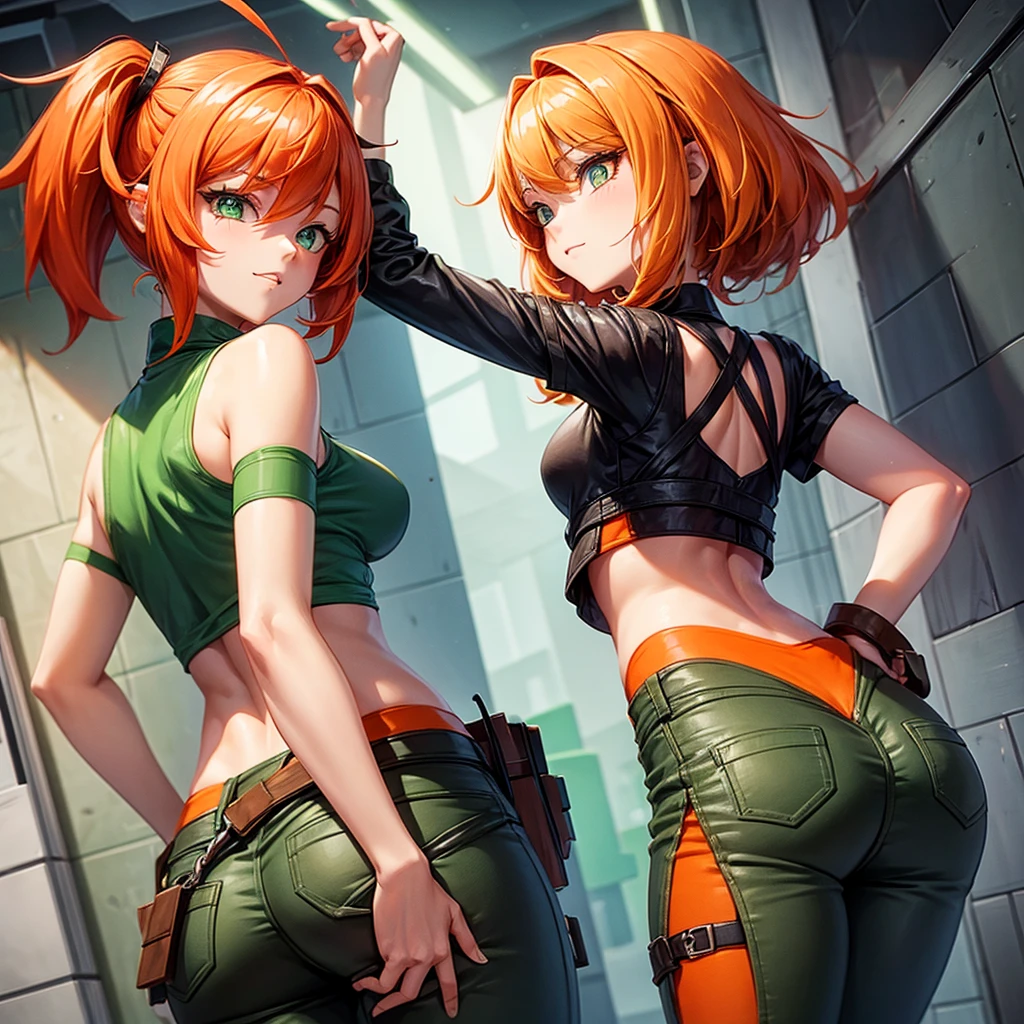 She's a girl from Minecraft. She has orange hair and wears a green outfit. Her pants are brown. Make her look sexy. Draw her having sex 