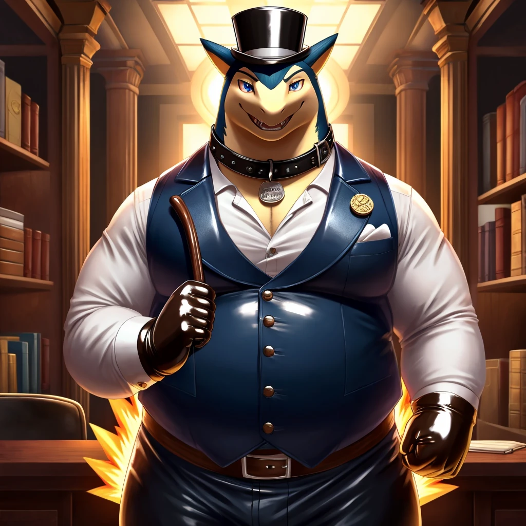 Solo, Male, fat, extremely obese, gentleman, dapper Professor Typhlosion, blue eyes, (posing:1.3), (soft shading), 4k, hi res, ((detailed face, detailed)), looking at viewer, mouth wide open, steampunk, dapper clothing, collared shirt with buttons, top hat, male focus, Explorer Outfit, glasses, monocle, cane, vest with buttons, sleeves rolled up, round eyewear, brown headwear, brown vest, office, Typhlosion is wearing a glossy leather dog collar around the neck, Typhlosion is wearing the leather collar and shirt and vest at the same time, Typhlosion is wearing glossy white rubber gloves on the hands, wearing white rubber gloves on the feet, gloves are rubber in texture, clenching teeth, clenching fists, leather collar is glossy and shiny with a lot of detail, Typhlosion is wearing gloves and leather collar at the same time, leather collar has a round dog-tag, leather collar is thick and detailed, leather collar is glossy and shiny, fancy clothing, dapper vest, dapper shirt, leather collar is thick, glossy leather collar.