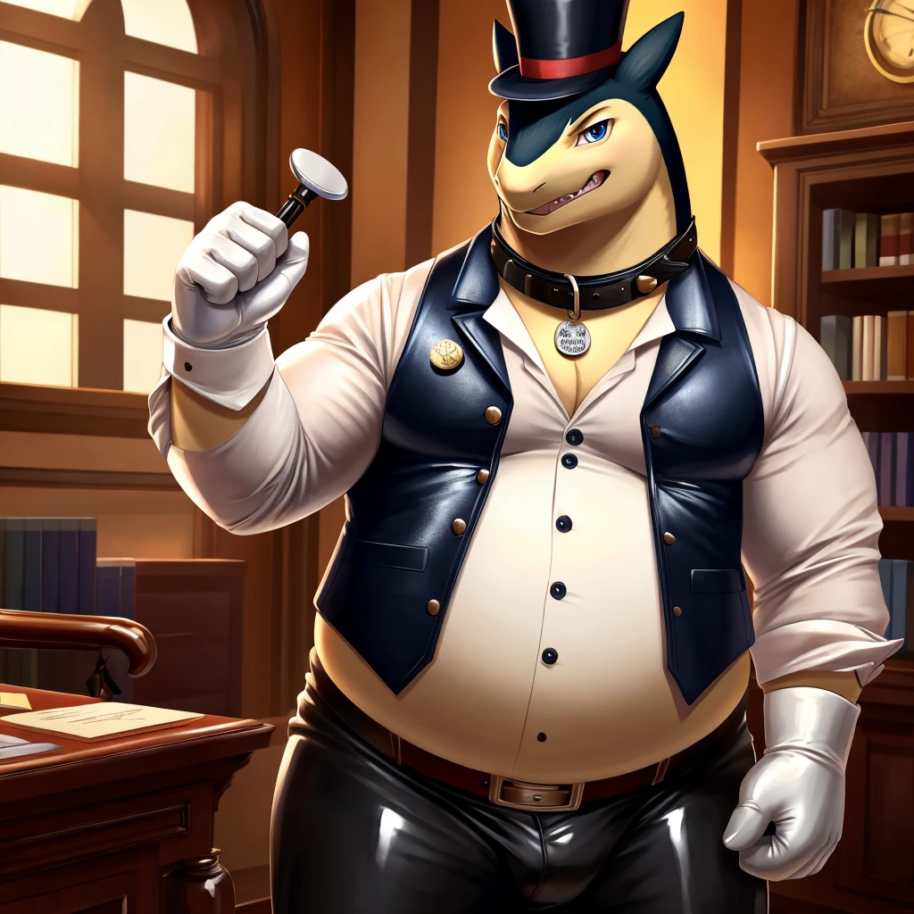 Solo, Male, fat, extremely obese, gentleman, dapper Professor Typhlosion, blue eyes, (posing:1.3), (soft shading), 4k, hi res, ((detailed face, detailed)), looking at viewer, mouth wide open, steampunk, dapper clothing, collared shirt with buttons, top hat, male focus, Explorer Outfit, glasses, monocle, cane, vest with buttons, sleeves rolled up, round eyewear, brown headwear, brown vest, office, Typhlosion is wearing a glossy leather dog collar around the neck, Typhlosion is wearing the leather collar and shirt and vest at the same time, Typhlosion is wearing glossy white rubber gloves on the hands, wearing white rubber gloves on the feet, gloves are rubber in texture, clenching teeth, clenching fists, leather collar is glossy and shiny with a lot of detail, Typhlosion is wearing gloves and leather collar at the same time, leather collar has a round dog-tag, leather collar is thick and detailed, leather collar is glossy and shiny, fancy clothing, dapper vest, dapper shirt, leather collar is thick, glossy leather collar.