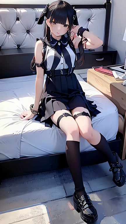 (Highest quality), (masterpiece), 1080P, High resolution, 4K, 8k, Thigh straps, Shooting from directly below, The woman on top of me, Nipples, 白いSweat, Covered , Sweat, Woman looking down, Micro Bikini, Skirt swimsuit, Thigh-high socks, To achieve this, 16 years old, Small breasts, whole body, Black leather shoes, Braided hair, Inner Color, Embarrassed face, Short black hair, bracelet, Bedroom,celestial body_Vest
