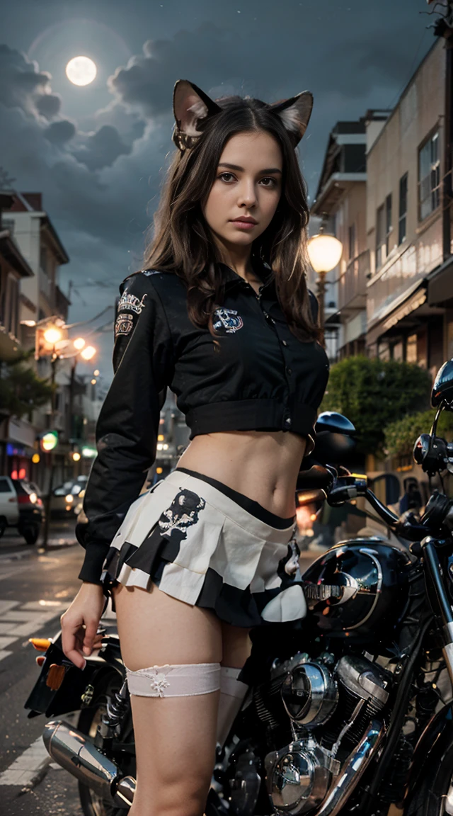 17-year-old Waifu Egirl, Cat Ears, Cat Tail, posando na frente de uma motocicleta futurista, the motorcycle has skulls and blue flames highly detailed 3D graphics, night scenery with full moon in the background, she is wearing a White SchoolUniform with 3D skulls and flames and Sailor Miniskirt, Pantyhose, HDR, epic realism, high-octane rendering, obra de arte,