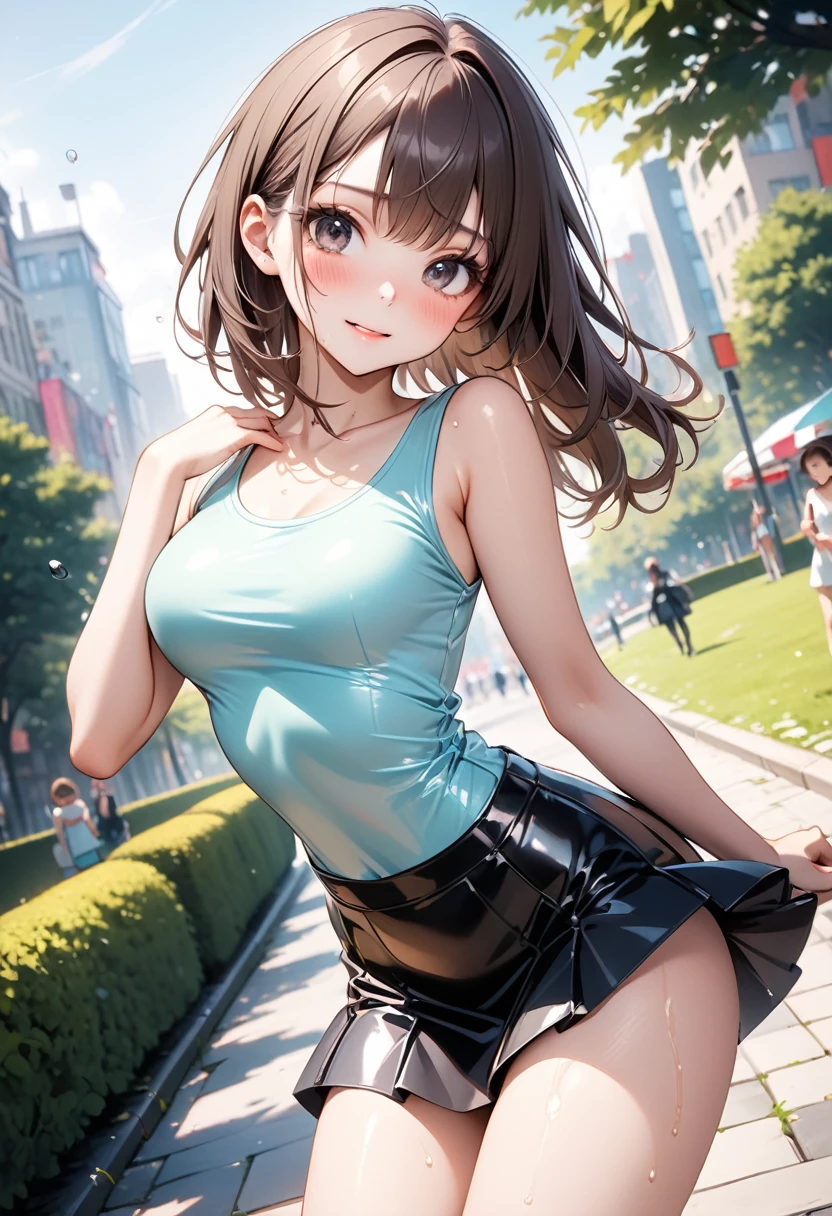 ((Pastel_colors_latex Tank top, Dark_colors skirt)), skindentation, skinny, solo, 1 woman, Masterpiece, highest quality, highest quality, 16K, incredibly absurd, highly detailed, 2.5D, ai-generated, delicate and dynamic, very delicate facial expressions, delicate eye depiction, only sexy woman, ((A cute and kind face)), healthy figure, 25-year-old woman, Brown hair, black eyes, 160cm tall, medium firm swaying bust, blush, Sweat,Embarrassed,sexy, ((thin thighs)), ((shiny and lustrous)), facing straight at viewer, (Erect nipples:0.7), (visible nipples:0.5), ((Oily_skin)), dutch angle, ((erotic pose)), Dynamic poses, A city park in midsummer,