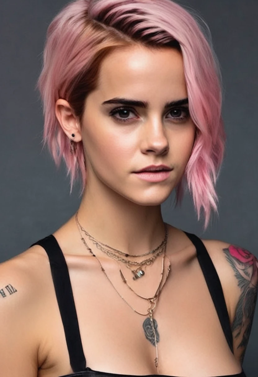 emma watson, Young adult woman 22 years realistic, sexy with medium tits, modern punk style similar to harley queen, with long blonde and a little pink hair, with a broken heart tattoo on the neckline for the profile image