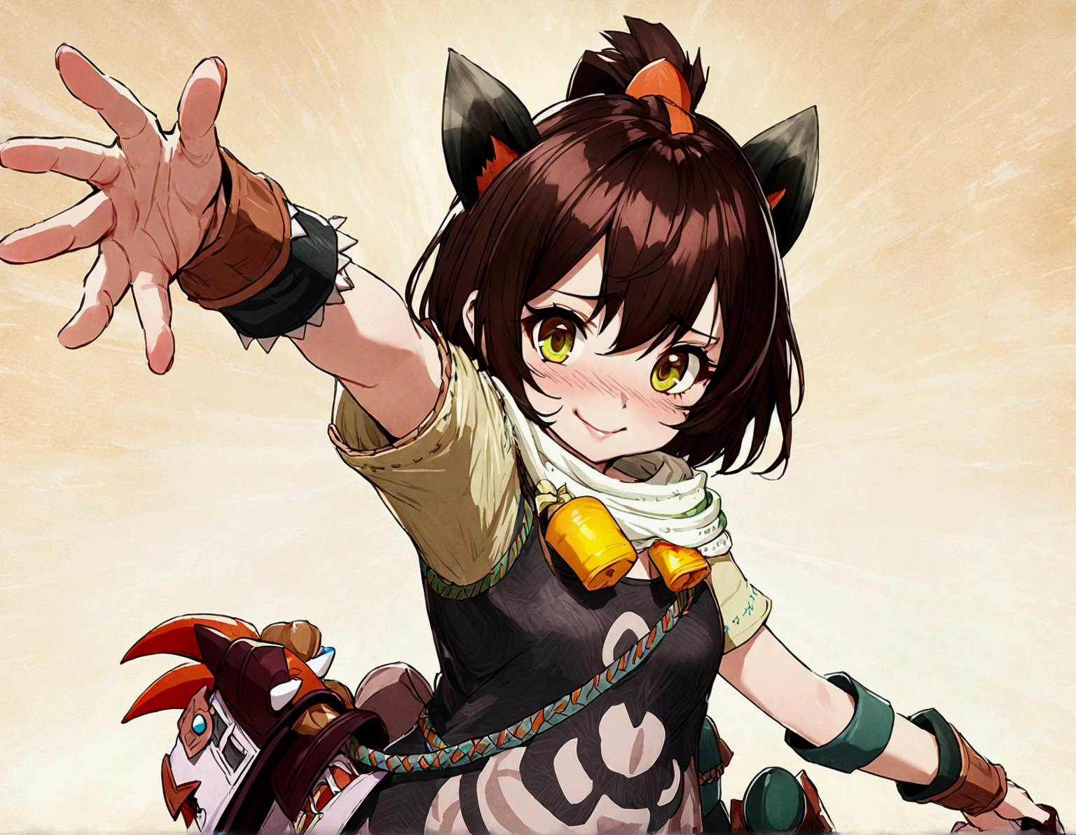 ((monsterhunter)), looking the viewer, solo, girl, shy, red cheek, bashful, embarrassed, smiling, perfect face, beautiful eye,