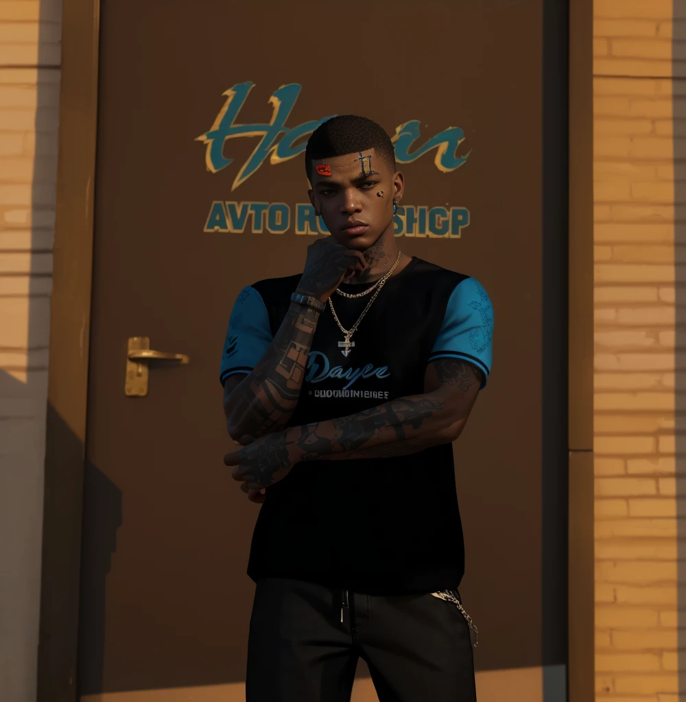there is a man standing in front of a store with a tattoo on his arm, upper body avatar, 2k aesthetic, like a GTAV character, gta character, GTA 6 style, in style of tyler mitchell, style of gta v, ( ( darkskin ) ), second life avatar, inspired by Byron Gálvez, hyper-detailed full-body photo