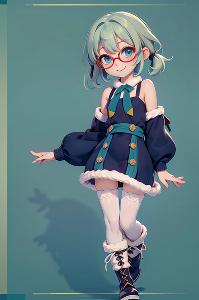 , smile, (Very small breasts), (Deep blue eyes), (Pale green hair, short hair, amount, Small pigtails), (Red half-rimmed glasses), Fluffy winter clothes, warm, fur, With ribbon, Knitted sweater in dress, Ribbon tie, Zettai-ryoiki, Colorful tights, fur boots, Whole Body Ezbian, masterpiece, super high quality。