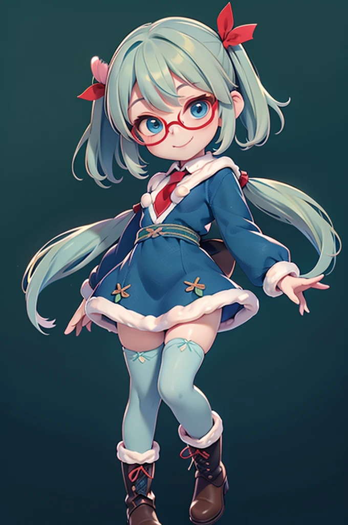 , smile, (Very small breasts), (Deep blue eyes), (Pale green hair, short hair, amount, Small pigtails), (Red half-rimmed glasses), Fluffy winter clothes, warm, fur, With ribbon, Knitted sweater in dress, Ribbon tie, Zettai-ryoiki, Colorful tights, fur boots, Whole Body Ezbian, masterpiece, super high quality。