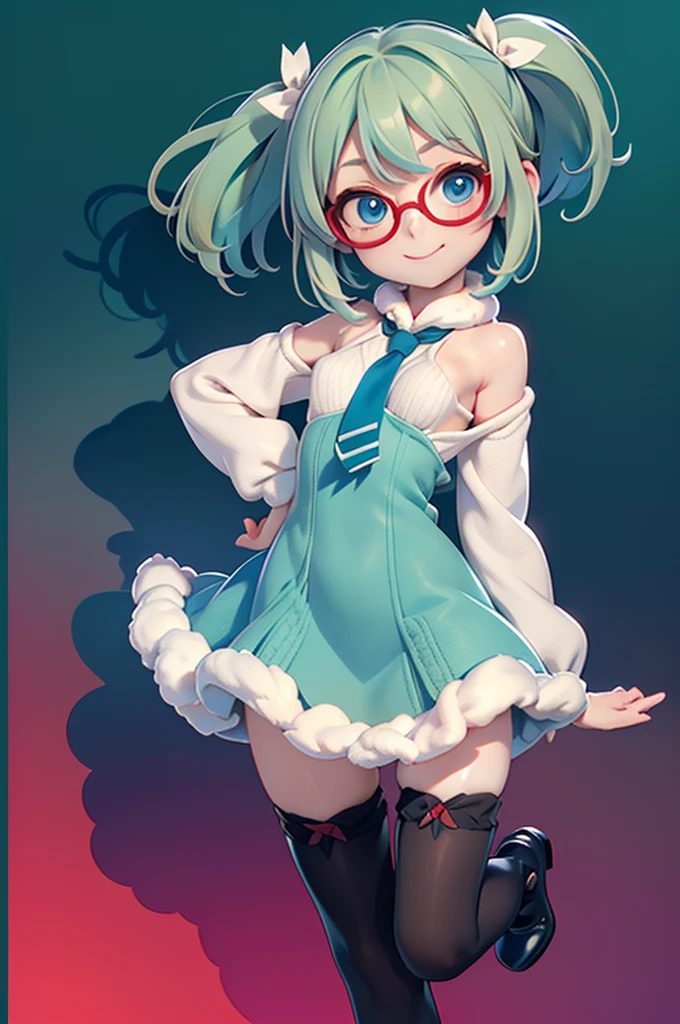 , smile, (Very small breasts), (Deep blue eyes), (Pale green hair, short hair, amount, Small pigtails), (Red half-rimmed glasses), Fluffy winter clothes, warm, fur, With ribbon, Knitted sweater in dress, Ribbon tie, Zettai-ryoiki, Colorful tights, fur boots, Whole Body Ezbian, masterpiece, super high quality。