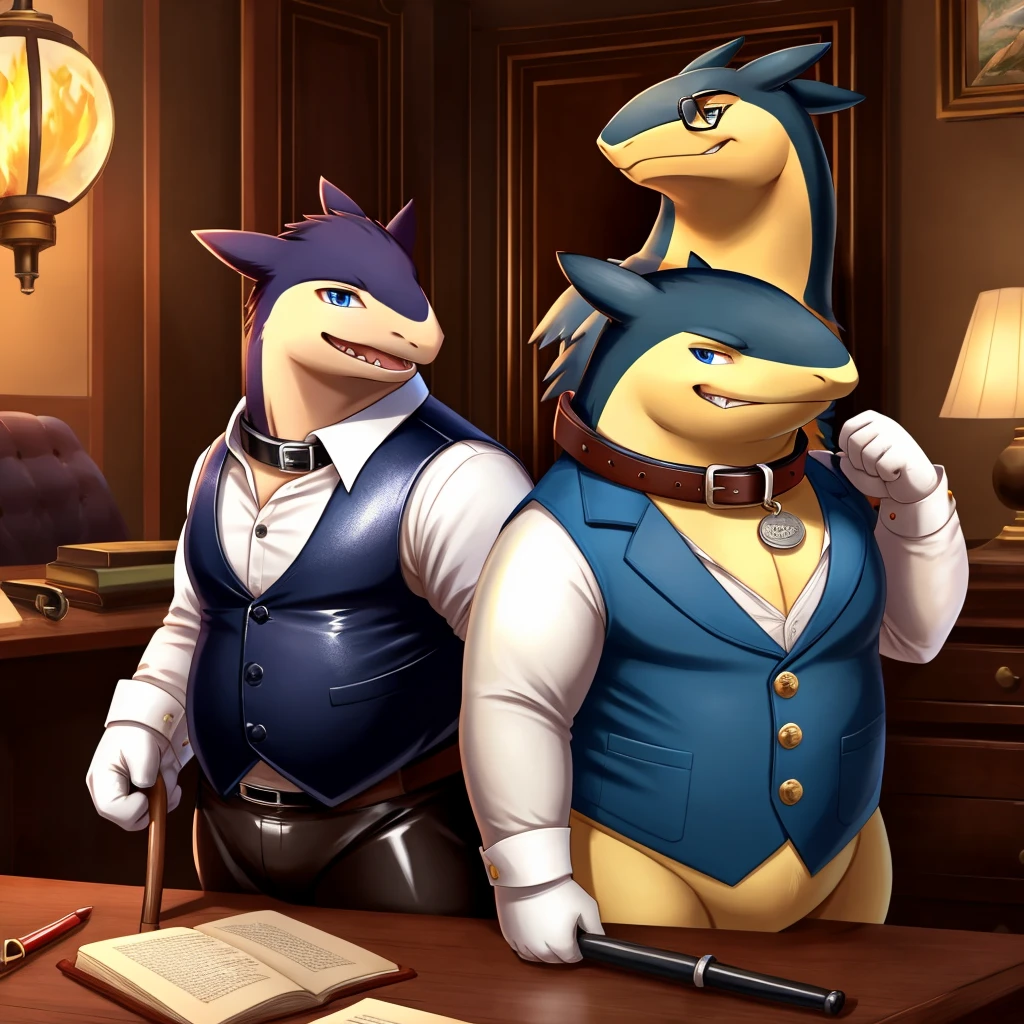 Male, fat, extremely obese, gentleman, dapper Professor Typhlosion, blue eyes, (posing:1.3), (soft shading), 4k, hi res, ((detailed face, detailed)), looking at viewer, mouth wide open, steampunk, dapper clothing, collared shirt with buttons, top hat, male focus, Explorer Outfit, glasses, monocle, cane, vest with buttons, sleeves rolled up, round eyewear, brown headwear, brown vest, office, Typhlosion is wearing a glossy leather dog collar around the neck, Typhlosion is wearing the leather collar and shirt and vest at the same time, Typhlosion is wearing glossy white rubber gloves on the hands, wearing white rubber gloves on the feet, gloves are rubber in texture, clenching teeth, clenching fists, leather collar is glossy and shiny with a lot of detail, Typhlosion is wearing gloves and leather collar at the same time, leather collar has a round dog-tag, leather collar is thick and detailed, leather collar is glossy and shiny, fancy clothing, dapper vest, dapper shirt, leather collar is thick, glossy leather collar, a second male Typhlosion in the same attire helping the fat Typhlosion get dressed.