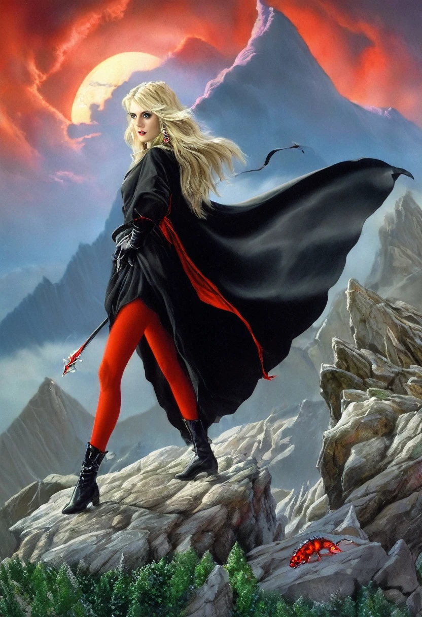 π×(9+2+3)^(2)+1123369853, a beautiful woman is walking trough a rocky mountains scenario. She is dressed in black and scarlet. She is blonde and has((demonic eyes)),((dark energy aura)),three quarter wiew, fractal,((deep wiew)),((changing perspectives)), warped space background, rocky mountains scenario,photographic,ultra high resolution,hyperdetailed, masterpiece, 3d modelling, abstract art.