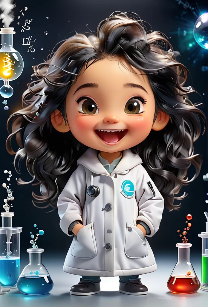 Chibi Baby Chemistry Mascot MASCOT, atoms, Molecules ,Has black hair , Blind box style and model with popular market style, The sunlight shines, , hyper qualit, sharp features, Ultra HD and 8K resolution,Cool Hand Drawn Illustration，fly away (Inside out disgusting), Create a series of best quality cute chibi dolls,ultra details,realisitic,Science Laboratory,Chemical experiment,ultra HD, chemical equipment,scientists working,cups,UHD Bunsen Burner ,Microscope,laboratory glassware,measuring cylinders,labcoats,Round nerd glasses ,science books,Periodic table,scientific research,discoveries,new inventions,innovation,aprendizagem,education,Scientific culture wears coat with details of buttons and brooches , her coat is charming and cute with ultra chemical details ,Curiosidade,Technological advancements,swirly vibrant colors,soft lighting,modern laboratory,nerdy atmosphere,laboratory instruments,hypothesis testing,Scientific method,symbolic representation,Critical thinking,experiments ,precision,precision,Intricate details,impressive scientific setup,natural elements,exploration of the mysteries of science,unlocking the secrets of nature. Baby chibi is happy and excited, remember to use chemical laboratory glassware, The chalkboard behind the cute chibi baby is written the structure of caffeine in white chalk 18K UHDBlack hair, very long hair, American propaganda poster, shine light, 3D rendering, 