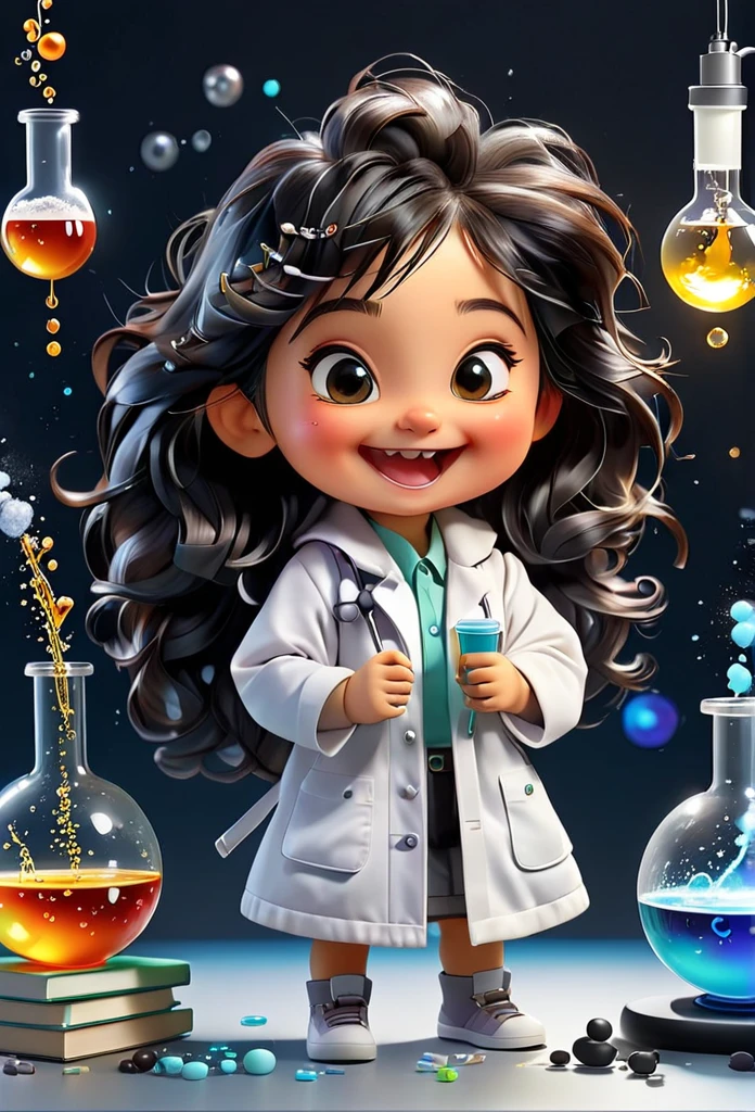 Chibi Baby Chemistry Mascot MASCOT, atoms, Molecules ,Has black hair , Blind box style and model with popular market style, The sunlight shines, , hyper qualit, sharp features, Ultra HD and 8K resolution,Cool Hand Drawn Illustration,fly away (Inside out disgusting), Create a series of best quality cute chibi dolls,ultra details,realisitic,Science Laboratory,Chemical experiment,ultra HD, chemical equipment,scientists working,cups,UHD Bunsen Burner ,Microscope,laboratory glassware,measuring cylinders,labcoats,Round nerd glasses ,science books,Periodic table,scientific research,discoveries,new inventions,innovation,aprendizagem,education,Scientific culture wears coat with details of buttons and brooches , her coat is charming and cute with ultra chemical details ,Curiosidade,Technological advancements,swirly vibrant colors,soft lighting,modern laboratory,nerdy atmosphere,laboratory instruments,hypothesis testing,Scientific method,symbolic representation,Critical thinking,experiments ,precision,precision,Intricate details,impressive scientific setup,natural elements,exploration of the mysteries of science,unlocking the secrets of nature. Baby chibi is happy and excited, remember to use chemical laboratory glassware, The chalkboard behind the cute chibi baby is written the structure of caffeine in white chalk 18K UHDBlack hair, very long hair, American propaganda poster, shine light, 3D rendering,