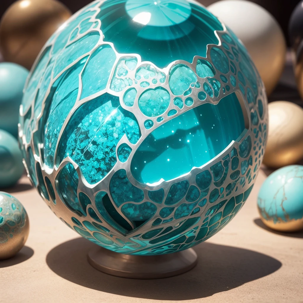 A beautifully polished sphere of turquoise crystalized mineral, showcasing a smooth, lustrous surface with intricate internal patterns.