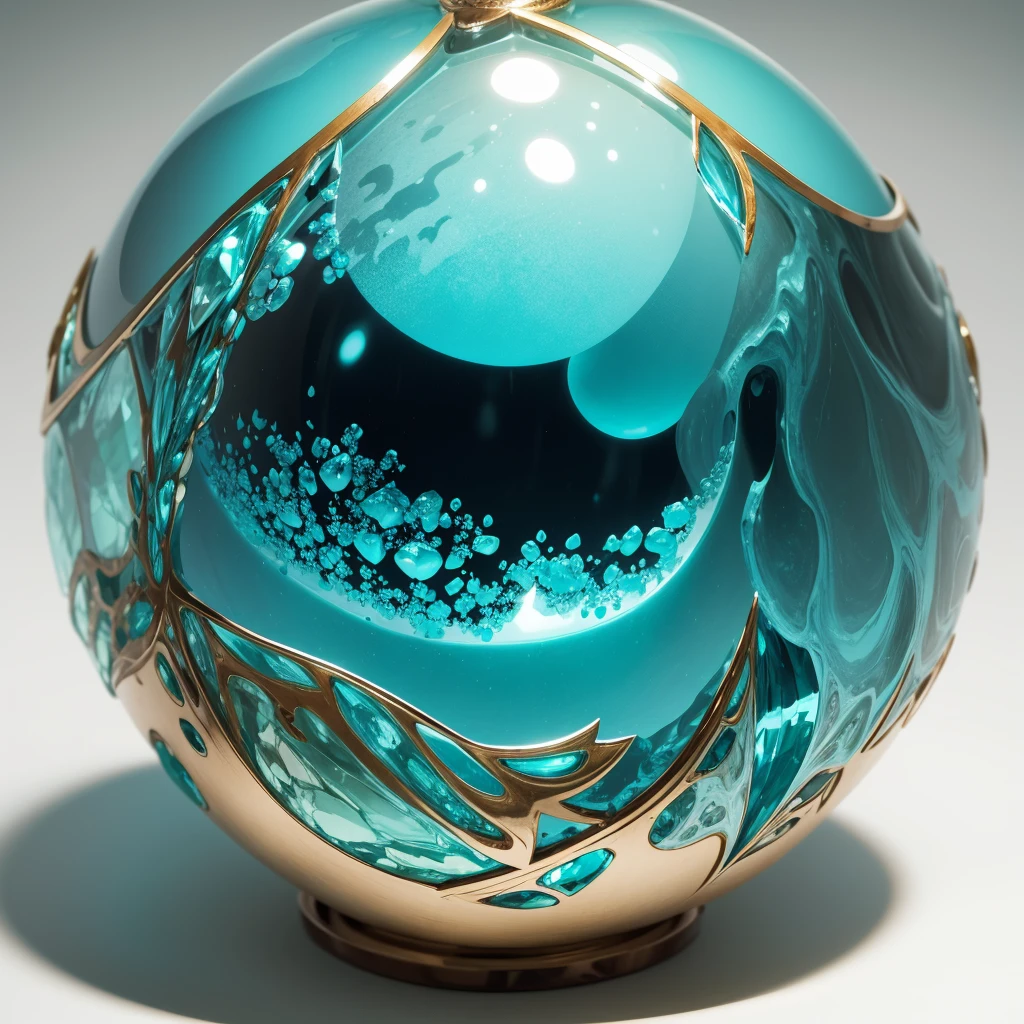 A beautifully polished sphere of turquoise crystalized mineral, showcasing a smooth, lustrous surface with intricate internal patterns.
