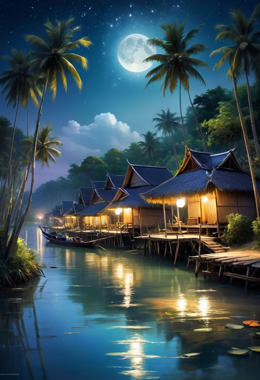 A picturesque village landscape nestled along the banks of a tranquil canal in Thailand, lit up by a night sky filled with stars and moon, creates a magical atmosphere. A village of bamboo huts with thatched roofs Coconut trees sway gently Moonlit waves crashing onto the shore and fishing boats floating in the water.