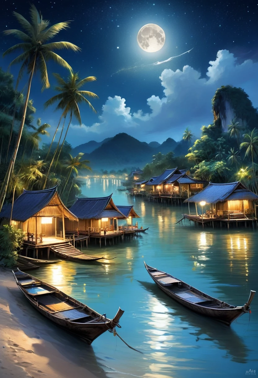 A picturesque village landscape nestled along the banks of a tranquil canal in Thailand, lit up by a night sky filled with stars and moon, creates a magical atmosphere. A village of bamboo huts with thatched roofs Coconut trees sway gently Moonlit waves crashing onto the shore and fishing boats floating in the water.