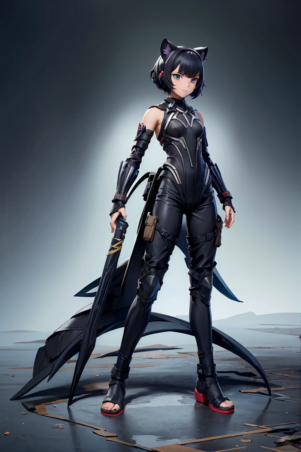 ((Full body photo, standing, feet on the floor))  Black short-haired girl with doll head and flat chest，Black panther ears，Black Panther Tail，Ninja costumes，Hand guard，long pants，black socks，Straw sandals，Standing，ruined city