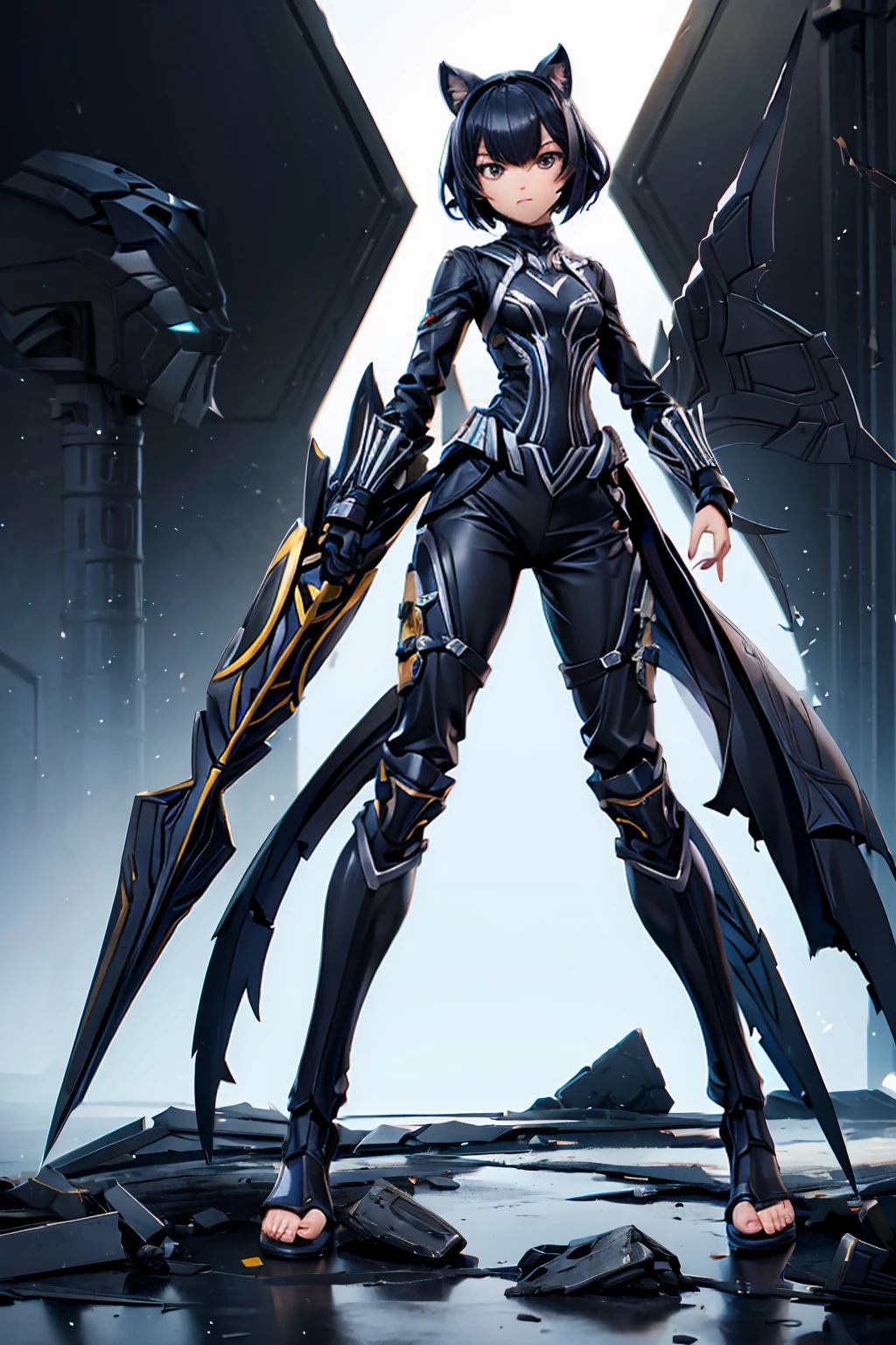 ((Full body photo, standing, feet on the floor)) Black short-haired girl with doll head and flat chest,Black panther ears,Black Panther Tail,Ninja costumes,Hand guard,long pants,black socks,Straw sandals,Standing,ruined city
