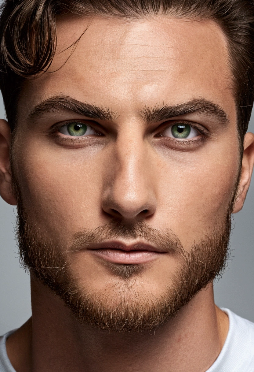 La plus haute qualité, La meilleure qualité, Un homme blanc, beaux yeux verts, un museau bien proportionné, une bonne lèvre, les yeux du chasseur, magnifiques sourcils, bords tranchants de la mâchoire, la photo commence par le cou, les cheveux tombent sur le front et le reste est un visage de garçon, un visage normal 