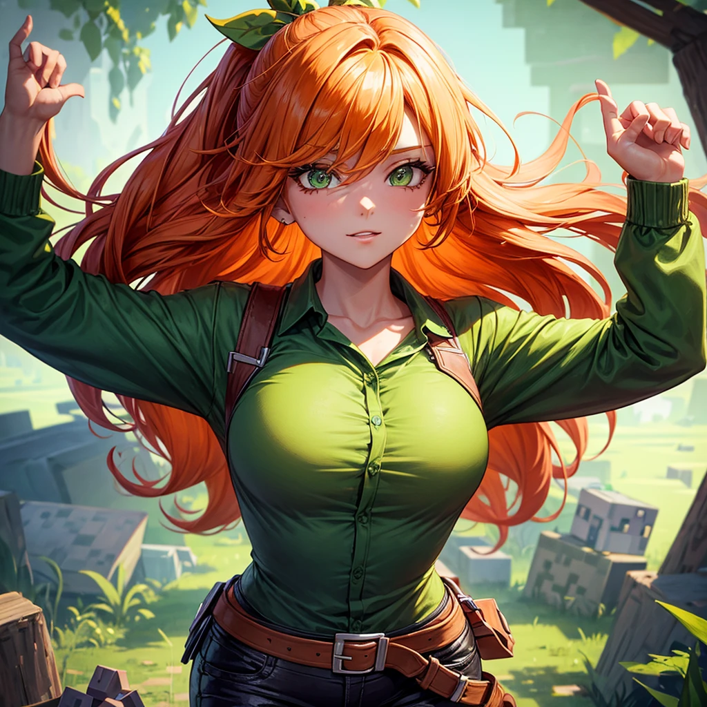 She's a girl from Minecraft. She has orange hair and wears a green outfit. Her pants are brown. Make her look sexy. Draw her having sex Draw her sexier a lot more