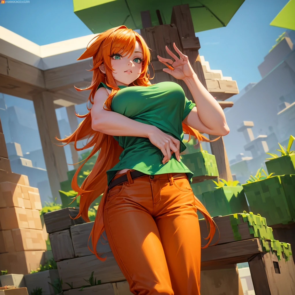 She's a girl from Minecraft. She has orange hair and wears a green outfit. Her pants are brown. Make her look sexy. Draw her having sex  Draw her sexier a lot more 