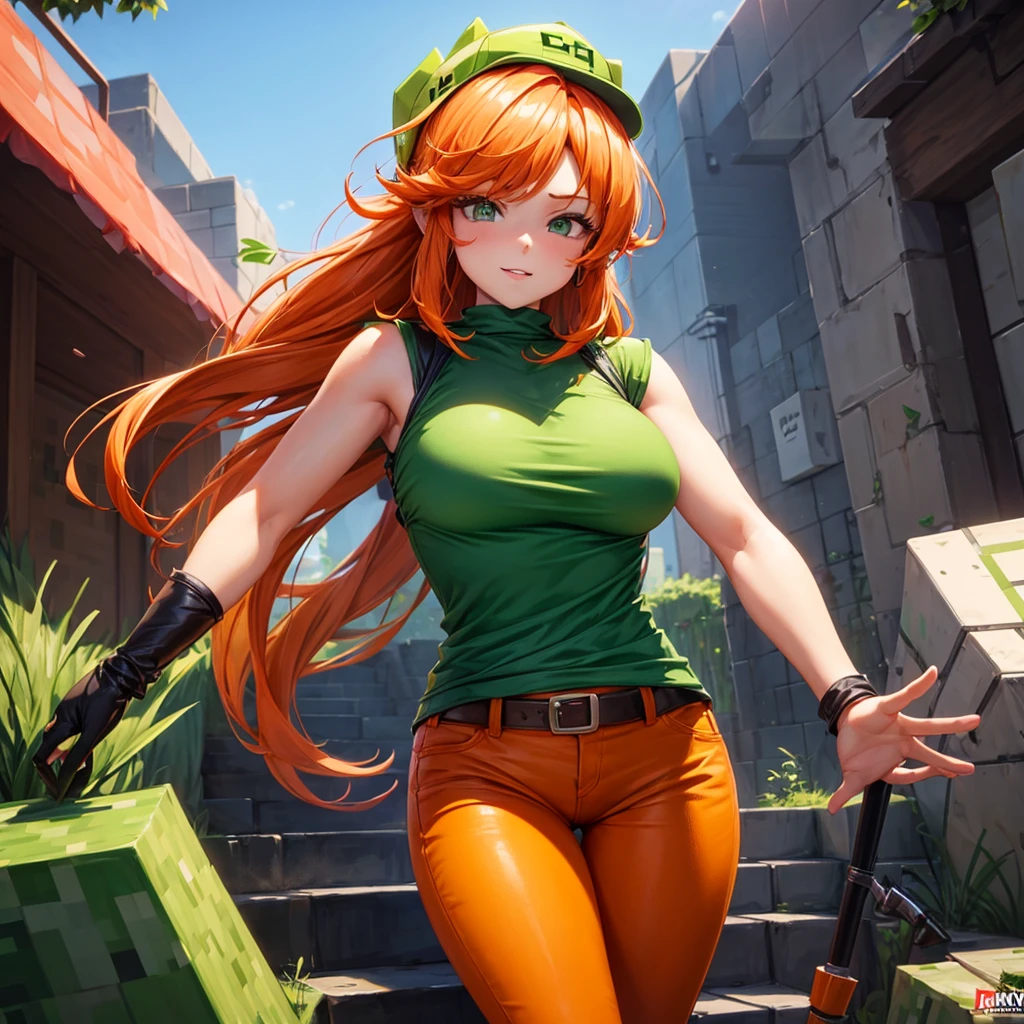 She's a girl from Minecraft. She has orange hair and wears a green outfit. Her pants are brown. Make her look sexy. Draw her having sex Draw her sexier a lot more