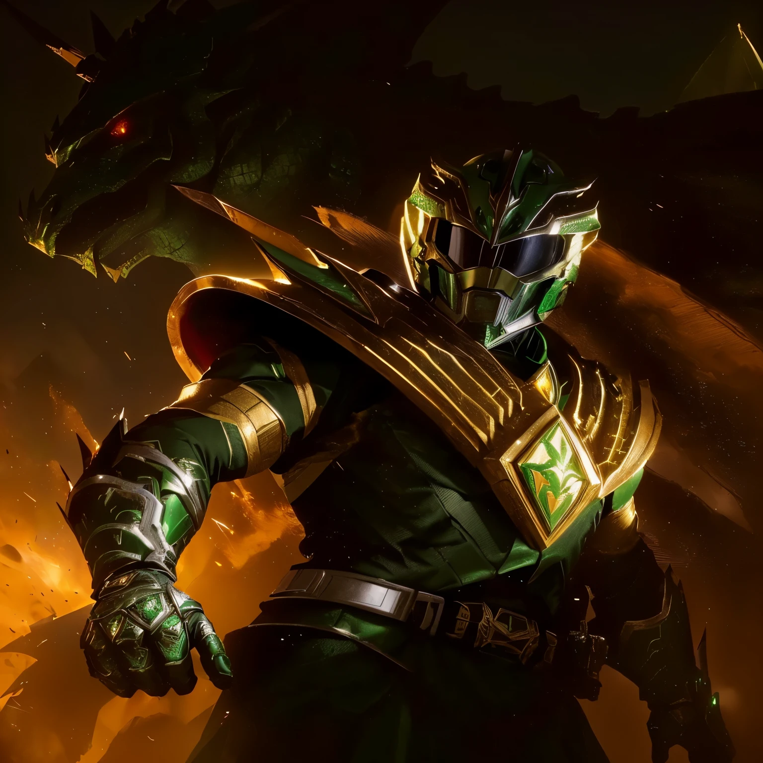 dragon face power ranger helmet with scale texture of a dragon, green in color, with gold accents, black accents, red jewel intricate detail, highly detailed, volumetric lighting, 4k rendering, stock photo, ultra-realistic, realistic textures, dramatic lighting, depth of field, film, (very wide angle: 1.3), dark light, wide angle INa close up of a person in a green costume holding a sword, green power ranger, the secret seventh power ranger, power ranger, power rangers film, tokusatsu, wearing green battle armor, wearing green armor and helmet, green armor, metallic green armor, yellow ranger, kamen rider character, kamen rider, power rangers, the doomslayer