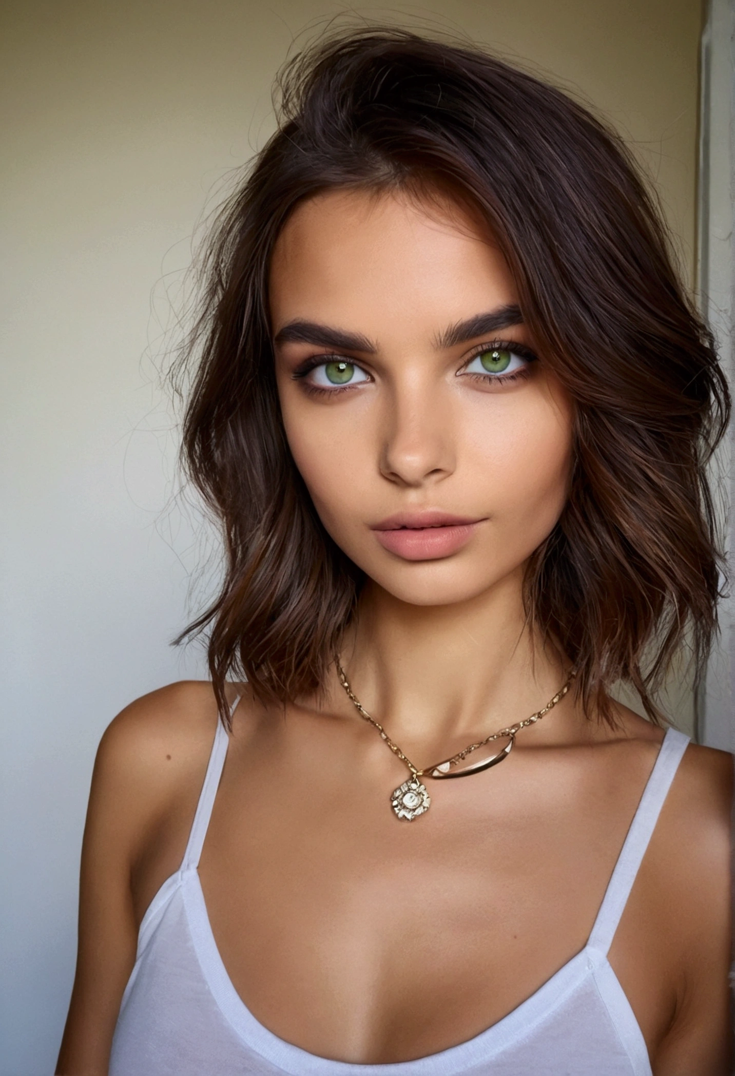 Arafed Femme portant un débardeur blanc et un collier, fille sexy aux yeux verts, portrait sophie mudd, portrait emily ratajkowski, cheveux bruns et grands yeux, selfie d'une jeune femme, yeux de la chambre, Violette Myers, sans maquillage, maquillage naturel, regarder directement la caméra, Cara con artgram, Maquillage subtil, Impresionante foto de corps entier, yeux verts perçants, Bel angle, pose attrayante, mignon , pose sexy, Image du corps entier, corps entier, séance photo sur tout le corps, déesse brune, détail élevé, pose satisfaite, Pantalon en cuir