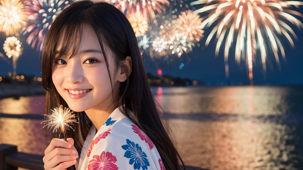 kawaii face, (1girl), (happy smile:1.2), (yukata), (Best Quality:1.4), Realistic, extremely detailed CG unified 8k wallpaper, highly detailed, High-definition raw color photos, professional photography, Realistic portrait, Beautiful detailed, Close up portrait of girl, Outdoors, Beautiful scenery, beach, (The night sky, fireworks, beautiful fireworks spreading across the sky:1.4), so beautiful, upper body photos, amazingly beautiful sight, A wonderful, (Fine face:1.2),