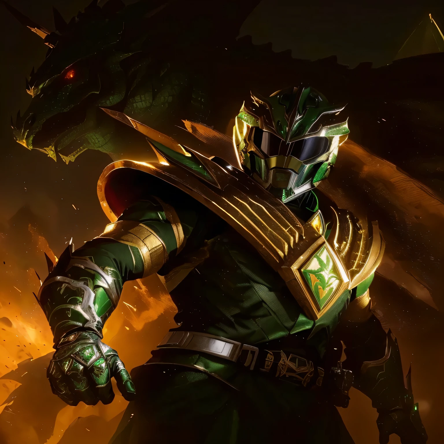 dragon face power ranger helmet with scale texture of a dragon, green in color, with gold accents, black accents, red jewel intricate detail, highly detailed, volumetric lighting, 4k rendering, stock photo, ultra-realistic, realistic textures, dramatic lighting, depth of field, film, (very wide angle: 1.3), dark light, wide angle INa close up of a person in a green costume holding a sword, green power ranger, the secret seventh power ranger, power ranger, power rangers film, tokusatsu, wearing green battle armor, wearing green armor and helmet, green armor, metallic green armor, yellow ranger, kamen rider character, kamen rider, power rangers, the doomslayer
