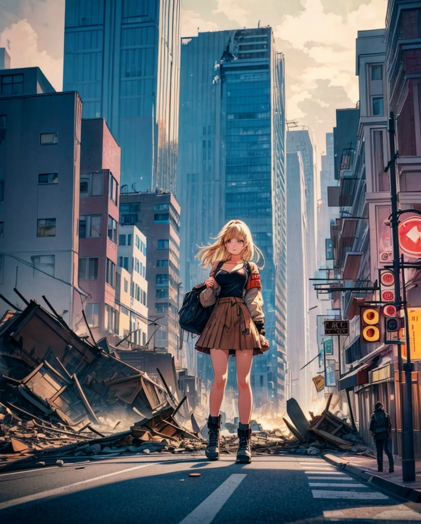 analog illustration style　(((Girl on the Road in the Big City))) 
((Destroyed city in flames)) ((Fire)) ((Destroyed buildings)) ((Destroyed cars)) ((Pile of rubble))

90's Giant (((Girl on the Road in the Big City))) Uniform Skirt 
((Dim cloudy sky)) Female Giant
huge girl
full body 
Destroyed skyscrapers, destroyed cars, crowd Unreal Engine,cleavage ,a drawing of a , earrings, long hair, 1980s (style)