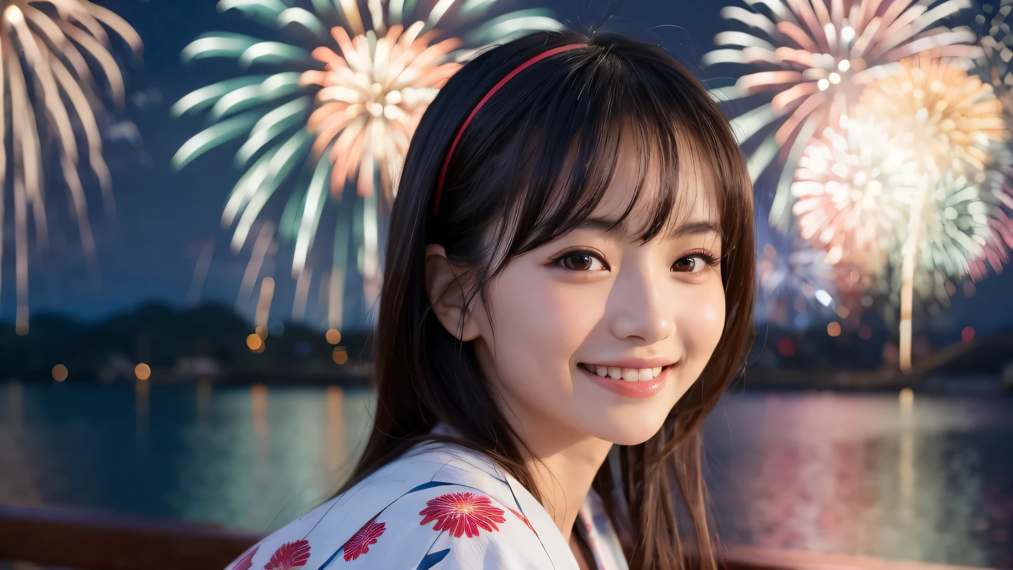 kawaii face, (1girl), (happy smile:1.2), (yukata), (Best Quality:1.4), Realistic, extremely detailed CG unified 8k wallpaper, highly detailed, High-definition raw color photos, professional photography, Realistic portrait, Beautiful detailed, Close up portrait of girl, Outdoors, Beautiful scenery, beach, (The night sky, fireworks, beautiful fireworks spreading across the sky:1.4), so beautiful, upper body photos, amazingly beautiful sight, A wonderful, (Fine face:1.2),