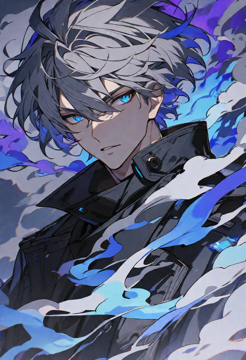 solo, handsome, 1 male, short hair, gray hair, blue eyes, black light, black coat, smoke, blue fire, fire