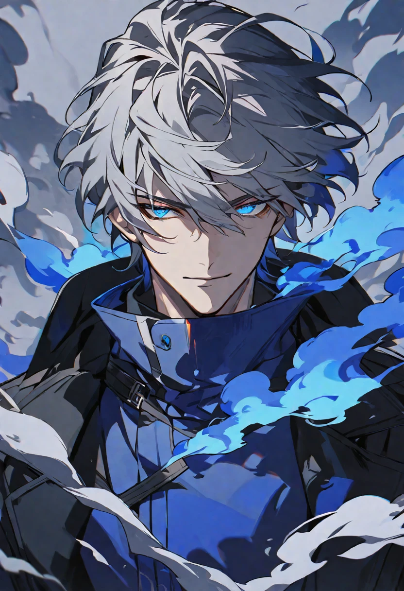 solo, handsome, 1 male, short hair, gray hair, blue eyes, black light, black coat, smoke, blue fire, fire