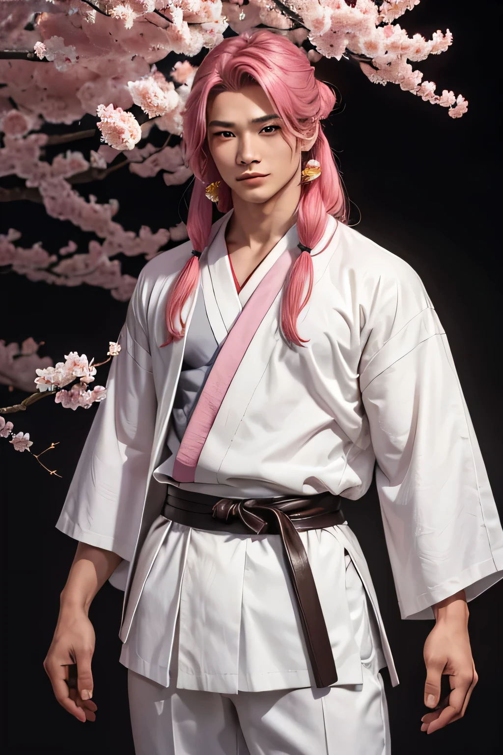 ((best qualityer)), ((work of art)), (detailded), 1 men, Youngh, Asian, pink hair, longye hair, samurai style, hair stuck, white outfit, leather pants, black pants, white shirt, kimono style shirt, japanese background, bow and arrow, bonitas, Cherry tree, flores de Cherry tree, styled hair, innocent, jovial, cabelo rabo de cavalo Asian, WELL DEFINED EYES, long hair