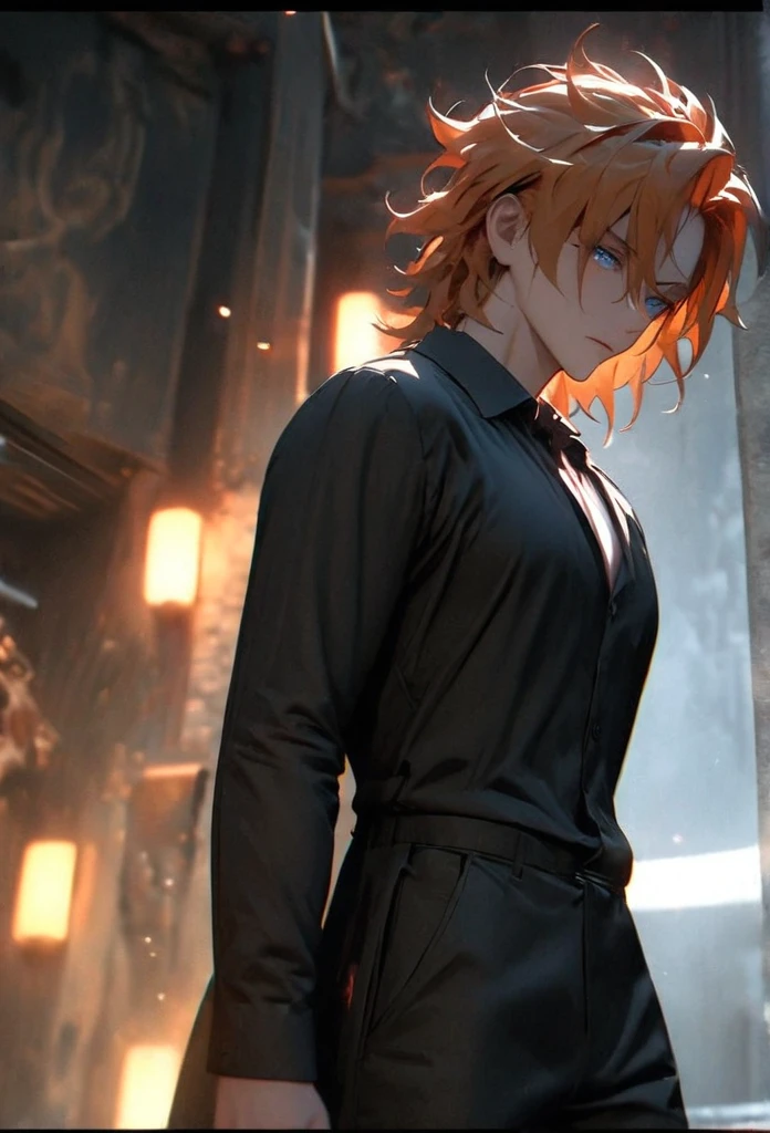 (solo), orange hair, messy hair, mane hair, short hair, dense hair, wild hair, expressive hair, mature,(25 year old), pale skin, blue eyes, ((male)), muscular body, wearing a black dress shirt,, handsome, attractive, eye reflection, depth of field, thunder aura,cinematic lighting, ray tracing, depth of field, cinematic lighting, ray tracing, UHD, high details, best quality, highres, high quality, award winning, super detail, masterpiece, 8k, UHD, high details, best quality, highres, high quality, award winning, super detail, masterpiece, 8k, digital art, anime coloring, full body shot, body shot, good face, perfect face, detailed face, good eyes