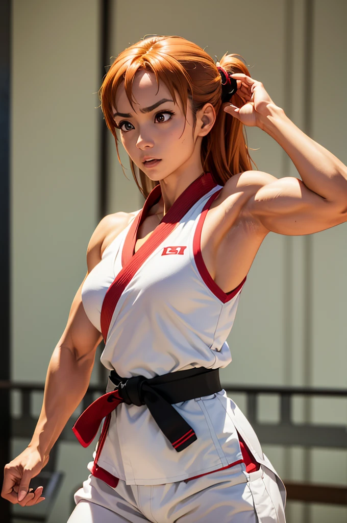 Asuna doing karate, Karate Gi with black belt, barefoot, muscular physique, Ran macht Bodybuilding, Huge muscular biceps, Width, muscular shoulders, abdominals, abs, Her big muscles tear her karate gi, full body picture, masterpiece, highest details